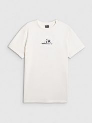 4F T-shirt oversize z nadrukiem damski - beżowy XS. Brązowe t-shirty 4f, xs, bez wzorów, z dzianiny, bez kołnierzyka, bez ramiączek. Za 79.99 zł.