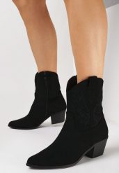 Czarne Botki Kowbojki na Stożkowym Obcasie z Haftowaną Cholewką Lindoria. Czarne botki Born2be, z aplikacjami, bez obcasa, na obcasie, bez zapięcia. Za 149.99 zł.