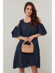 Rodier Lin Lniana sukienka w kolorze granatowym rozmiar: XL/XXL. Niebieskie sukienki Rodier Lin, xl, bez wzorów, ze lnu, bez kołnierzyka, bez ramiączek, midi. Za 193.95 zł.