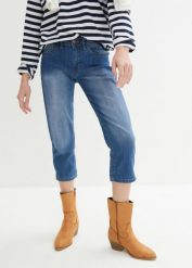 Dżinsy Slim Fit mid waist, cropped. Niebieskie jeansy bonprix, bez wzorów. Za 72.99 zł.