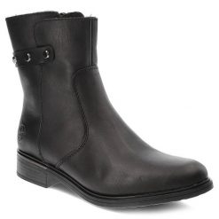 Czarne Botki Rieker Modne Obuwie Damskie. Czarne botki Rieker, na zimę, bez wzorów, z futra, bez obcasa, na obcasie, bez zapięcia. Za 339.00 zł.