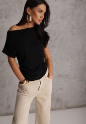 Czarny T-shirt z Bawełny z Dekoltem Łódką i Drapowaniem w Pasie Savalira. Czarne t-shirty Renee, m, bez wzorów, z bawełny, bez kołnierzyka, bez ramiączek. Za 59.99 zł.