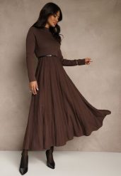 Brązowa Dzianinowa Sukienka Rozkloszowana Longsleeve z Wiskozą i Paskiem Tusnira. Brązowe sukienki Renee, na co dzień, m, bez wzorów, z dzianiny, eleganckie, bez kołnierzyka, bez ramiączek, maxi, proste. Za 169.99 zł.