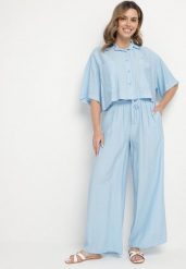 Niebieski Wiskozowy Komplet Oversize Koszula z Krótkim Rękawem i Spodnie Dovilissea. Niebieskie koszule Born2be, m, bez wzorów, z wiskozy, eleganckie, bez kołnierzyka, bez ramiączek. Za 119.99 zł.
