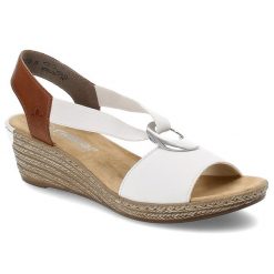 Białe Sandały Rieker Eleganckie Obuwie Damskie Na Koturnie. Białe sandały Rieker, bez wzorów, z materiału, eleganckie, bez obcasa, na koturnie, bez zapięcia. Za 260.99 zł.