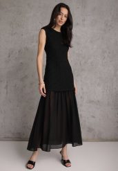 Czarna Ażurowa Sukienka z Transparentnym Dołem i Usztywnionymi Ramionami Semiris. Czarne sukienki Renee, m, w ażurowe wzory, klasyczne, bez kołnierzyka, bez ramiączek, maxi, dopasowane. Za 119.99 zł.