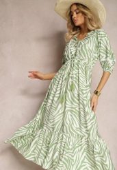 Jasnozielona Sukienka z Wiskozy i Bawełny Ozdobiona Falbaną i Sznurkiem w Pasie Vantia. Zielone sukienki Renee, na co dzień, na lato, l, bez wzorów, z bawełny, eleganckie, bez kołnierzyka, bez ramiączek, maxi, dopasowane. Za 99.99 zł.