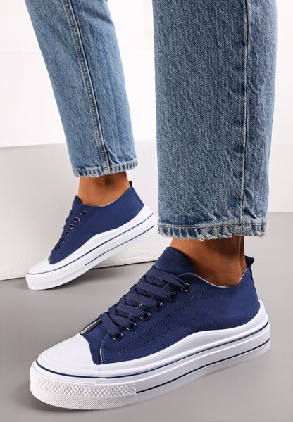 Granatowe Sznurowane Trampki do Kostki Kalyne. Niebieskie trampki Renee, bez wzorów, bez zapięcia. Za 49.99 zł.