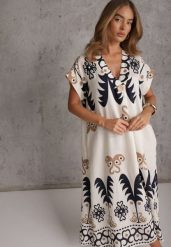 Granatowa Sukienka z Wiskozy Oversize z Geometrycznym Printem Caliara. Niebieskie sukienki Renee, na co dzień, l, bez wzorów, z wiskozy, casualowe, bez kołnierzyka, bez ramiączek, maxi, oversize. Za 89.99 zł.