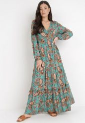 Ciemnozielona Sukienka Anastolea. Zielone sukienki Born2be, l, z aplikacjami, boho, bez kołnierzyka, bez ramiączek, maxi, kopertowe. Za 119.99 zł.