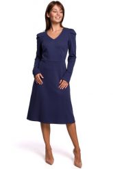 Sukienka z Trapezowym Dołem z Bufkami - Niebieska. Niebieskie sukienki MOE, l, bez wzorów, z bawełny, wizytowe, bez kołnierzyka, bez ramiączek, trapezowe. Za 263.90 zł.