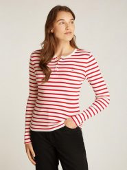 TOMMY JEANS Koszulka w kolorze biało-czerwonym rozmiar: L. Białe bluzki Tommy Jeans, l, bez wzorów, z bawełny, bez kołnierzyka, bez ramiączek. Za 136.45 zł.