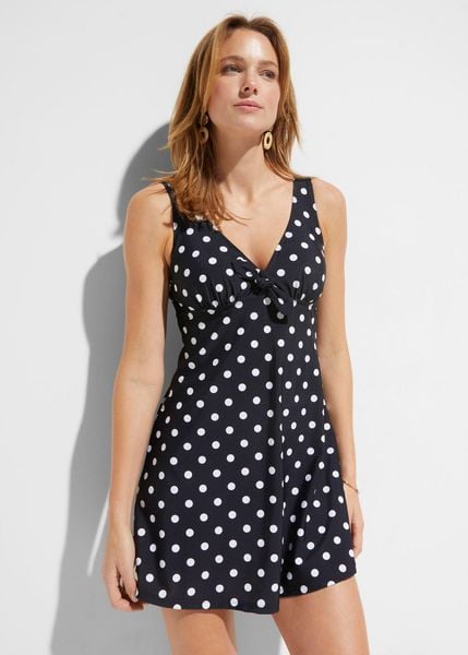 Sukienka kąpielowa. Czarne sukienki bonprix, na plażę, bez wzorów, eleganckie, bez kołnierzyka, bez ramiączek. Za 124.99 zł.