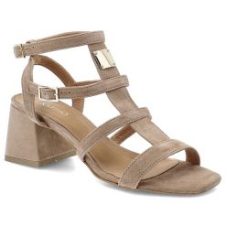 Sandały damskie Karino, cholewka ze skóry naturalnej zamszowej z wieloma paskami na stabilnym obcasie, beżowe, 5880/007-P. Brązowe sandały Karino, bez wzorów, ze skóry, eleganckie, bez obcasa, na obcasie, bez zapięcia. Za 476.90 zł.