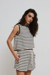 Krótki top z bawełny w paski BLACK & BEIGE - LIRAC-S/M. Brązowe topy Marsala, m, bez wzorów, z bawełny, bez kołnierzyka, bez ramiączek. W wyprzedaży za 64.95 zł.