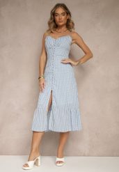 Niebieska Rozkloszowana Sukienka z Wiskozą na Cienkich Ramiączkach z Guzikami Efrisela. Niebieskie sukienki Renee, na spacer, l, bez wzorów, z wiskozy, eleganckie, bez kołnierzyka, bez ramiączek, midi, rozkloszowane. Za 84.99 zł.