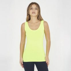 Top na siłownię damski RAITA żółty fluo. Żółte topy LEGEA, bez wzorów, z materiału, bez kołnierzyka, bez ramiączek. Za 39.00 zł.