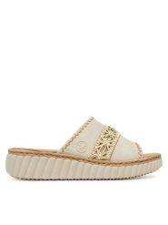 Rieker Klapki CEO-69278-60 Beżowy. Brązowe klapki Rieker, bez wzorów, z materiału, bez obcasa. Za 299.99 zł.