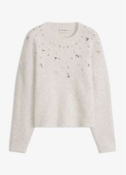 Sweter z aplikacją i domieszką wełny. Szare swetry bonprix, z aplikacjami, z wełny, bez ramiączek. Za 159.99 zł.