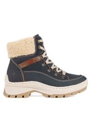 Rieker Botki X9338-14 Niebieski. Niebieskie botki Rieker, bez wzorów, z materiału, bez obcasa, na płaskiej podeszwie, bez zapięcia. Za 272.99 zł.
