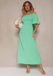 Jasnozielona Rozkloszowana Sukienka Hiszpanka z Bawełny z Elastyczną Górą Maissa. Zielone sukienki Renee, na co dzień, l, bez wzorów, z bawełny, eleganckie, bez kołnierzyka, bez ramiączek, midi, rozkloszowane. Za 39.99 zł.
