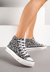 Czarne Trampki z Wysoką Cholewką Zdobione Kwiatowym Printem Folellia. Czarne trampki Renee, z aplikacjami, z dzianiny, przed kolano, bez zapięcia. Za 39.99 zł.