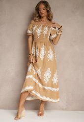 Ciemnobeżowa Sukienka Hiszpanka Ozdobiona Etnicznym Printem Aralette. Brązowe sukienki Renee, na co dzień, l, bez wzorów, eleganckie, bez kołnierzyka, bez ramiączek, rozkloszowane. Za 64.99 zł.