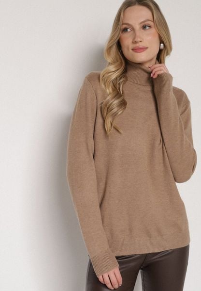 Beżowy Casualowy Golf z Wełną o Prostym Kroju Reiselia. Brązowe golfy Born2be, uniwersalny, bez wzorów, z bawełny, bez ramiączek. Za 79.99 zł.