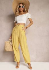 Żółte Spodnie High Waist Ozdobione Cyrkoniami Sajara. Żółte spodnie materiałowe Renee, na co dzień, l, bez wzorów, z jeansu, z podwyższonym stanem. Za 89.99 zł.