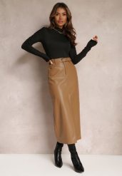 Beżowa Ołówkowa Spódnica Maxi z Ekoskóry i Paskiem Evell. Brązowe spódnice Renee, m, z aplikacjami, eleganckie, maxi, ołówkowe. W wyprzedaży za 132.99 zł.