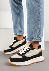 Czarno-Beżowe Sneakersy Ozdobione Geometrycznym Motywem Calgis. Czarne obuwie sportowe Renee, z jeansu, bez zapięcia, trekkingowe. Za 89.99 zł.