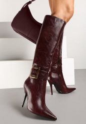 Bordowe Kozaki na Szpilce z Metaliczną Klamrą Evelinna. Czerwone kozaki Renee, bez obcasa, na obcasie, bez zapięcia. Za 199.99 zł.