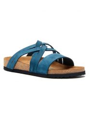 Comfortfusse Skórzane klapki w kolorze granatowym rozmiar: 36. Niebieskie klapki Comfortfüße, bez wzorów, z materiału, z otwartym noskiem, bez obcasa. Za 252.99 zł.