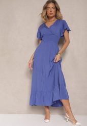 Granatowa Rozkloszowana Sukienka z Wiskozy z Kopertowym Dekoltem Rellrive. Niebieskie sukienki Renee, na co dzień, l, bez wzorów, z wiskozy, eleganckie, bez kołnierzyka, bez ramiączek, maxi, kopertowe. W wyprzedaży za 71.99 zł.