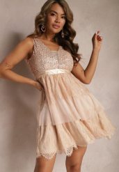Beżowa Tiulowa Sukienka Mini z Cekinami Jophiela. Brązowe sukienki Renee, m, bez wzorów, z koronki, bez kołnierzyka, bez ramiączek, mini, rozkloszowane. Za 149.99 zł.