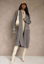 Szary Niezapinany Kardigan o Długim Kroju z Lamówką Venisse. Szare kardigany Renee, bez wzorów, z jeansu. Za 129.99 zł.