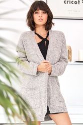 Melanżowy sweter z kieszeniami i bez zapięcia beżowy. Brązowe kardigany Polskie swetry, na zimę, s, bez wzorów, z dzianiny, bez ramiączek. Za 289.00 zł.