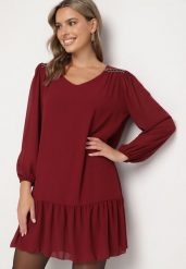 Bordowa Sukienka z Wiskozą o Prostym Kroju z Bufiastymi Rękawami i Falbanką u Dołu Ilila. Czerwone sukienki Born2be, na co dzień, m, bez wzorów, z jeansu, eleganckie, bez kołnierzyka, bez ramiączek, proste. Za 44.99 zł.