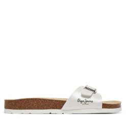 Klapki Pepe Jeans. Białe klapki Pepe Jeans, bez wzorów, z jeansu, bez obcasa. Za 199.99 zł.