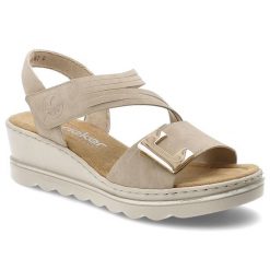 Sandały damskie Rieker, cholewka ze skóry ekologicznej zapinane na rzep fason na koturnie, beżowe, 67410-62. Brązowe sandały Rieker, bez wzorów, ze skóry ekologicznej, bez obcasa, na koturnie, bez zapięcia. Za 319.00 zł.