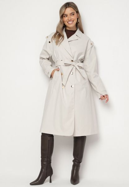 Jasnobeżowy Klasyczny Płaszcz Typu Trencz na Guziki z Wiązanym Paskiem Naorivia. Brązowe płaszcze Born2be, m, bez wzorów, z jeansu, bez kaptura. Za 129.99 zł.