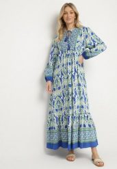 Niebiesko-Zielona Sukienka o Rozkloszowanym Kroju z Wiązaniem z Frędzlami w Etniczny Wzór Ridalea. Niebieskie sukienki Born2be, na co dzień, l, bez wzorów, boho, bez kołnierzyka, bez ramiączek, midi, rozkloszowane. Za 129.99 zł.
