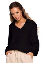 Luźny sweter z dekoltem V i kołnierzykiem czarny. Czarne swetry MOE, m, bez wzorów, z jeansu, bez ramiączek. Za 259.00 zł.