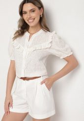 Biała Koszula z Wiskozą z Haftowanej Tkaniny Ozdobiona Falbanką Rindelia. Białe koszule Born2be, l, bez wzorów, z jeansu, eleganckie, bez kołnierzyka, bez ramiączek. Za 99.99 zł.