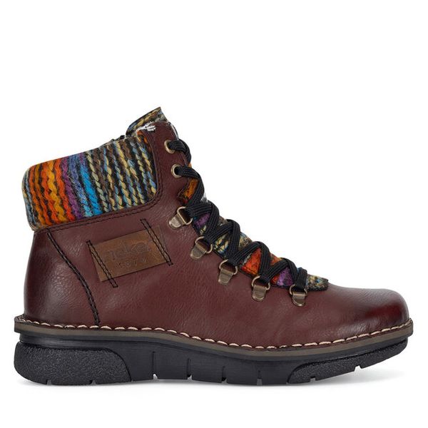 Trzewiki Rieker. Czerwone botki Rieker, bez wzorów, bez obcasa, na płaskiej podeszwie, bez zapięcia. Za 258.99 zł.