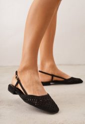 Czarne Sandały Slingback z Kwadratowym Noskiem i Ażurową Cholewką Jurria. Czarne baleriny Renee, w ażurowe wzory, z jeansu, bez obcasa. Za 89.99 zł.