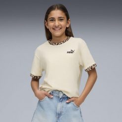 Młodzieżowa koszulka Essentials ze zwierzęcym wzorem o luźnym kroju PUMA. Biała bluzki Puma, m, bez wzorów, eleganckie, bez kołnierzyka, bez ramiączek. Za 99.00 zł.