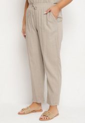 Beżowe Spodnie z Lnem i Elastyczną Gumką w Pasie Nativena. Brązowe spodnie materiałowe Born2be, na co dzień, plus size, bez wzorów, z jeansu, plus size. Za 74.99 zł.