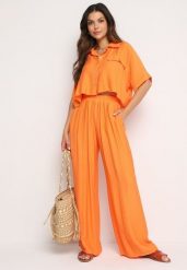 Pomarańczowy Wiskozowy Komplet 2-Częściowy Luźna Koszula Spodnie z Szerokimi Nogawkami Ulvitela. Brązowe koszule Born2be, bez wzorów, z wiskozy, eleganckie, bez kołnierzyka, bez ramiączek. Za 149.99 zł.
