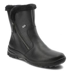 Czarne Botki Rieker Ciepłe Obuwie Damskie. Czarne botki Rieker, na zimę, bez wzorów, z futra, bez obcasa, bez zapięcia. Za 349.00 zł.